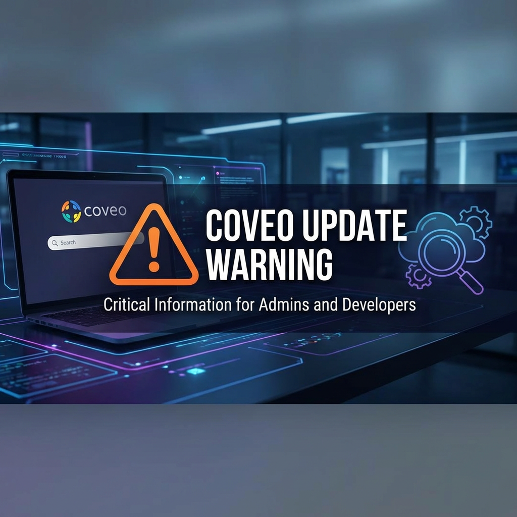 Coveo update warning graphic with text: COVEO UPDATE WARNING. Critical Information for Admins and Developers.