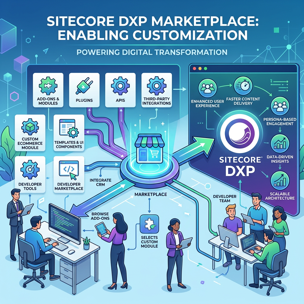 Infographic titled “Sitecore DXP Marketplace: Enabling Customization,” showing modules, plugins, APIs, integrations, marketplace workflows, and DXP outcomes.