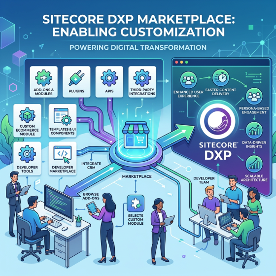 Infographic titled “Sitecore DXP Marketplace: Enabling Customization,” showing modules, plugins, APIs, integrations, marketplace workflows, and DXP outcomes.